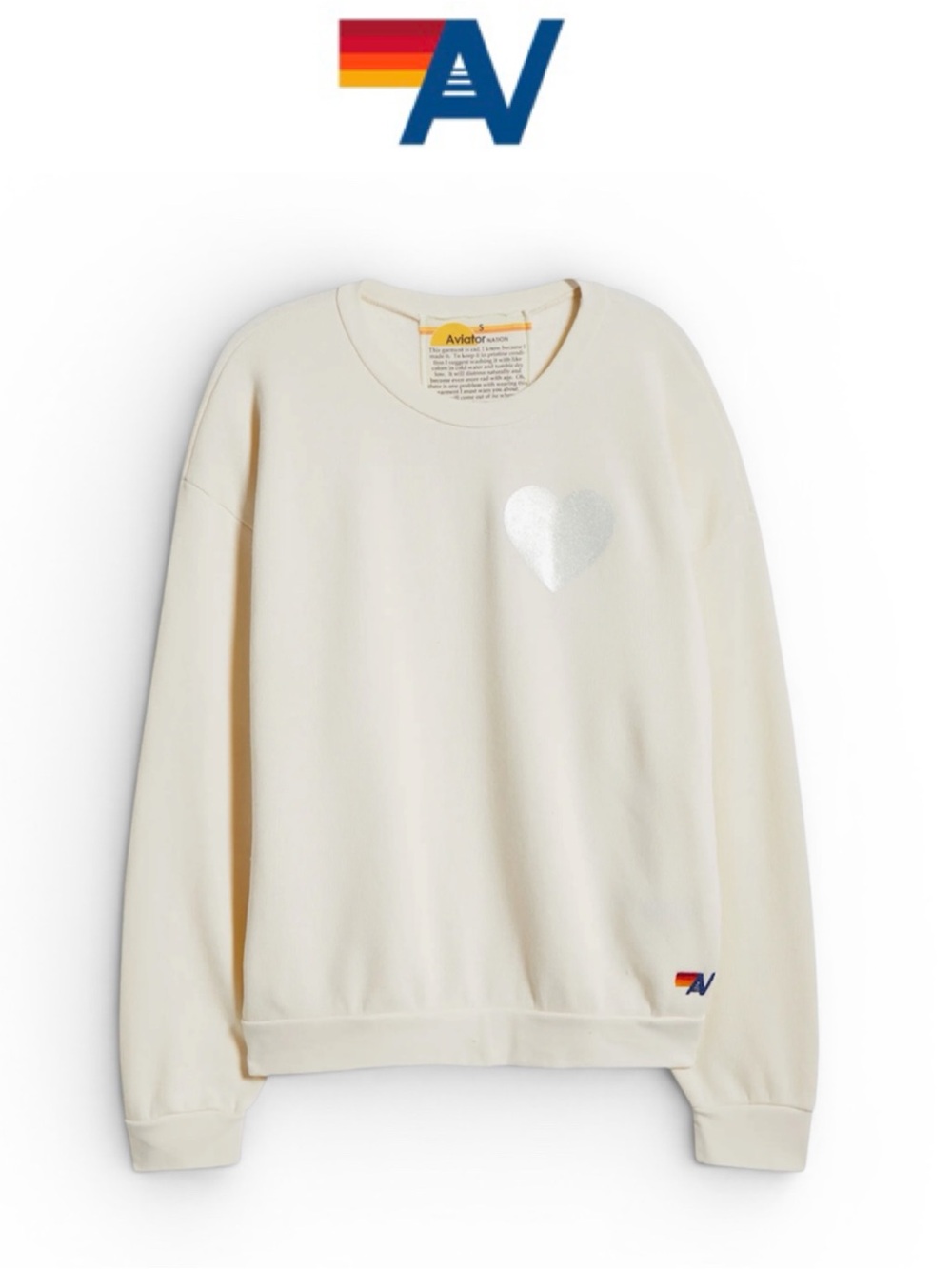 AVIATOR NATION GLITTER SILVER HEART VINTAGE WHITE CREWNECK SWEATSHIRT SIZE XS